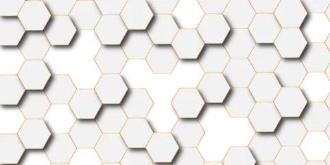Tapeten Abstract hexagon background Futuristic concept honeycomb mosaic white and golden background. Surface polygon pattern with glowing hexagon paper texture and futuristic business graphic design. © Kainat 