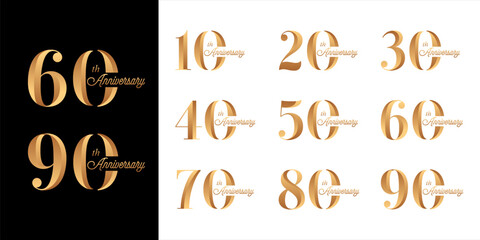 Collection of 10th to 100th Anniversary vector template designs with luxury number style in gold color for celebration events, weddings, greeting cards and invitations