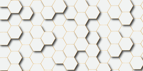 Abstract hexagon background Futuristic concept honeycomb mosaic white and golden background. Surface polygon pattern with glowing hexagon paper texture and futuristic business graphic design.