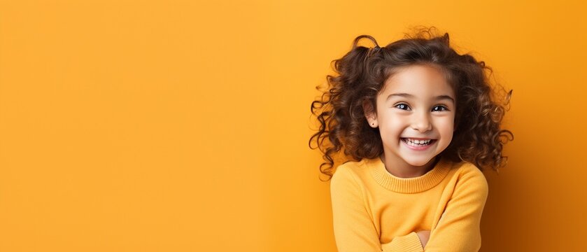 Radiant child, solid color background, candid smile, left copy space, eyelevel