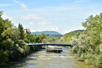 Graz Mur River Austria Modern Bridge and Island Unesco - obrazy, fototapety, plakaty
