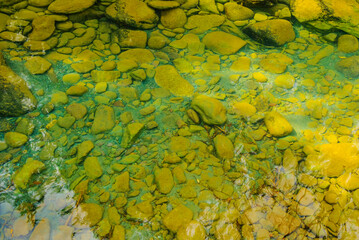 closeup green water rushin over a stones, natural river background