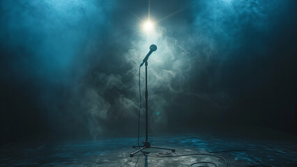 Contemporary Performance Stage: Singer Spotlighted in Modern Setting with Dark Background and Smoke - obrazy, fototapety, plakaty