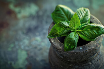 Basil Plant in a  Mortar