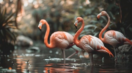 Blazing Beauties: A Majestic Gathering of Flamingos Wading Serenely, Their Vivid Plumage Reflecting in the Shimmering Waters, Creating a Breathtaking Scene of Elegance and Grace Amidst 