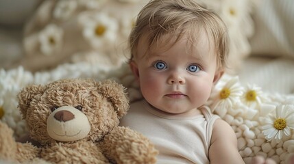 Baby cuddles teddy in a minimalist photo studio setup. Perfect for capturing precious moments. Text space available.
