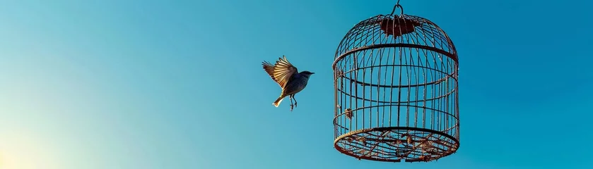 Foto op Plexiglas Freedom moment, bird escaping cage, liberation imagery, clear blue sky, © ruslee