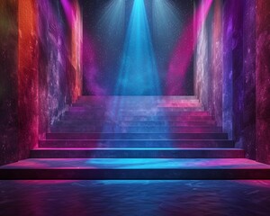 Stage set for accolades, 3D render of success recognition, dawn light effect, vibrant colors, ultra HD - obrazy, fototapety, plakaty
