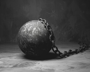 Ball and Chain on Plain Background, Heavy Weight, Confinement, Monochrome Tone, - obrazy, fototapety, plakaty