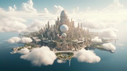 A surreal depiction of a floating city in the clouds, pushing the boundaries of architectural imagination. - obrazy, fototapety, plakaty