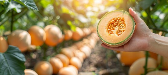 Hand holding cantaloupe slice with selection on blurred background, copy space available