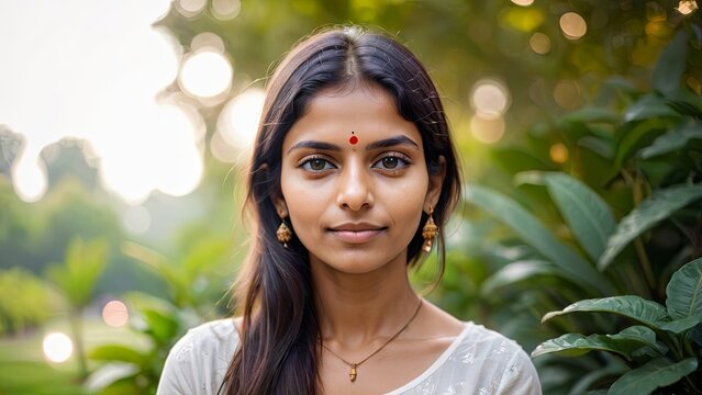 Traditional Elegance: Indian Woman with Bindi in Nature
