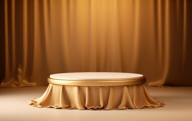 Golden luxurious fabric or cloth placed on top pedestal or blank podium shelf on gold background with luxury concept