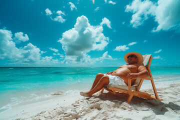 A man enjoys sunbathing on a white sandy beach with the turquoise ocean in the background