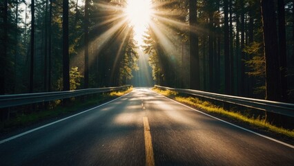 Road Forest, Road in the forest, A highway road passes through a forest, blurred lens flare light, sunlight morning, sun rising, 