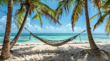 Hammock gently swaying between two towering palm trees,set against the backdrop of a breathtaking tropical beach The turquoise waters of the ocean lap at the golden