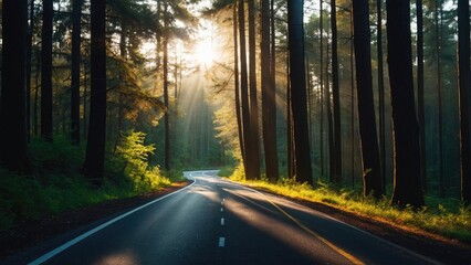 Obraz premium Road Forest, Road in the forest, A highway road passes through a forest, blurred lens flare light, sunlight morning, sun rising, 