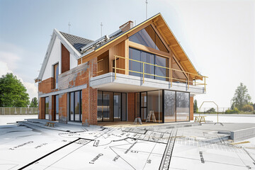 Projet de construction d'une maison d'habitation moderne d'architecte sous forme d'esquisse avec plan - 769559259
