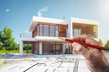 Projet de construction d'une maison d'habitation moderne d'architecte sous forme d'esquisse avec plan et main qui dessine - 769559263