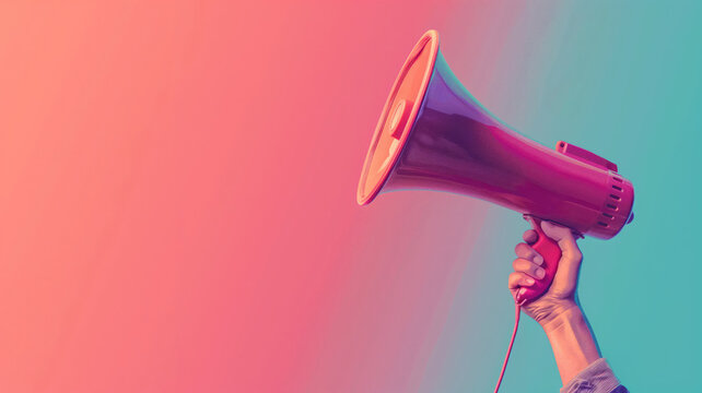 Hand holding megaphone, marketing and sales, single color background, Generative AI