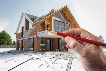 Projet de construction d'une maison d'habitation moderne d'architecte sous forme d'esquisse avec plan et main qui dessine - 769559405