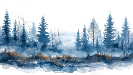 Snowy background. Snowdrifts. Snowfall. Clear blue sky. Forest trees and mountains watercolor