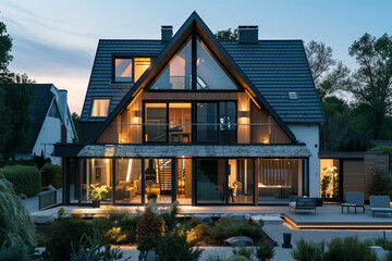 Belle grande maison moderne et contemporaine d'architecte avec des baies vitrées qui montrent l'intérieur
