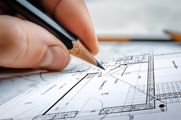 Main d'un architecte qui dessine un plan technique d'une maisdon avec un crayon - obrazy, fototapety, plakaty