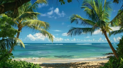 Tropical beach scene,featuring lush,swaying palm trees that frame a picturesque coastline The crystal-clear turquoise waters of the ocean stretch out