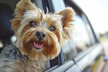 Petit chien mignon et heureux  de race yorkshire terrier regardant par la fenêtre d'une voiture et partant en vacances