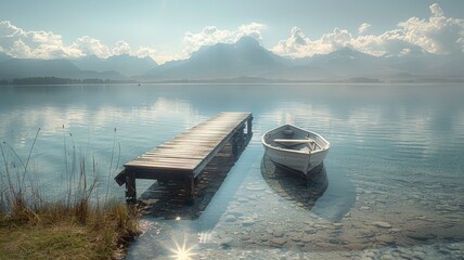 Tranquil lakeside morning with a lone boat moored to a weathered wooden pier