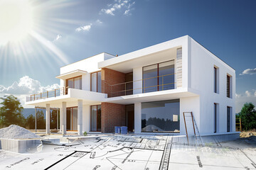 Projet de construction d'une maison d'habitation moderne d'architecte sous forme d'esquisse avec plan - 769559851