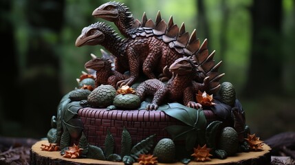Dinosaur cake with realistic dinosaur scales and toppers.