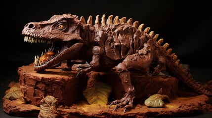 Dinosaur fossil cake made from rice crispy treats and covered in chocolate "sediment".