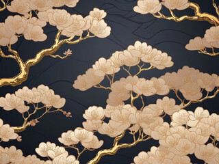 gold oriental style background vector. Chinese and Japanese wallpaper pattern design of elegant cherry blossom tree with gold line texture. Design illustration for decoration