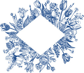 Rhombus frame with garden flowers. Floral illustration. Blue drawing. Iris, hyacinth, tulip, forget-me-not, cloves, anemone. - 769560633
