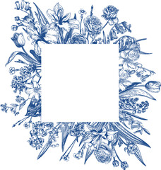 Square frame with spring and summer garden flowers. Floral illustration. Blue drawing. - obrazy, fototapety, plakaty