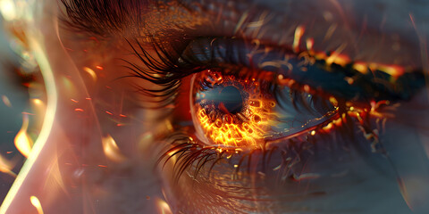 Beauty staring back, eyes reflecting nature pattern Fiery Gaze Close-up of a Stylized Eye with Flame Elements.