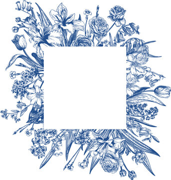recommend clip art: Square frame with spring and summer garden flowers. Floral illustration. Blue drawing.