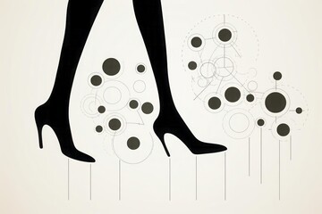 A minimalist composition featuring a pair of legs rendered as bold, black shapes against a solid background. Sparse dots and lines dot the surface, indicating the presence of cellulite.