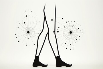 A minimalist composition featuring a pair of legs rendered as bold, black shapes against a solid background. Sparse dots and lines dot the surface, indicating the presence of cellulite. - obrazy, fototapety, plakaty