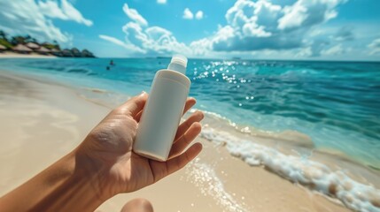 Sunscreen lotion,applying it to their skin while enjoying the scenic tropical beach setting The serene ocean waves,golden sand,and blue sky with fluffy clouds create