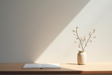 On a clean table lies a simple notebook with blank pages and a pen nearby. There are no unnecessary details in the room, only bright space and a minimum of furniture.