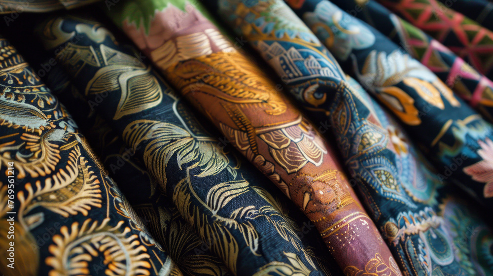 Poster close-up of varied textiles featuring intricate designs and exotic patterns in a range of colors
