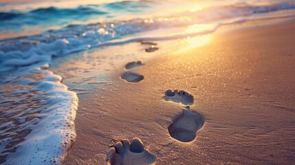 Summer escape,with pristine sandy beaches,gently lapping waves,and a breathtaking sunset backdrop The solitary footprints leading along the shore evoke - obrazy, fototapety, plakaty