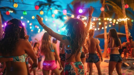 lively and festive atmosphere of an island music festival taking place on a gorgeous tropical beach...