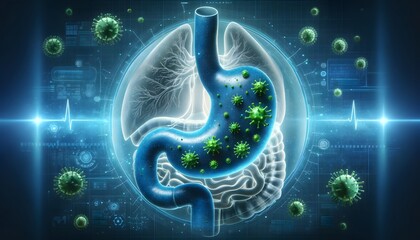 a human gastrointestinal and respiratory system with virus particles, superimposed over a technological interface with a glowing heartbeat signal, suggesting a medical diagnostic scenario. - obrazy, fototapety, plakaty