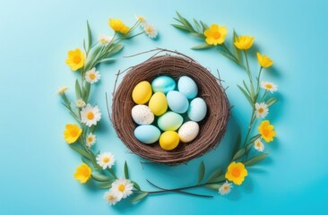 Fototapeta na wymiar Easter holiday eggs in a nest on a blue background.