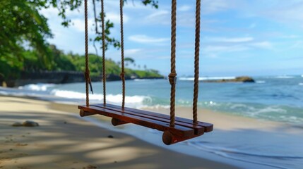 Beach with wooden swings gently rocking,offering a soothing and relaxing experience as the waves crash against the shore in the distance The lush