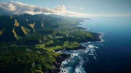 Dynamic aerial view of a coastal region where nature and technology seamlessly coexist. - obrazy, fototapety, plakaty